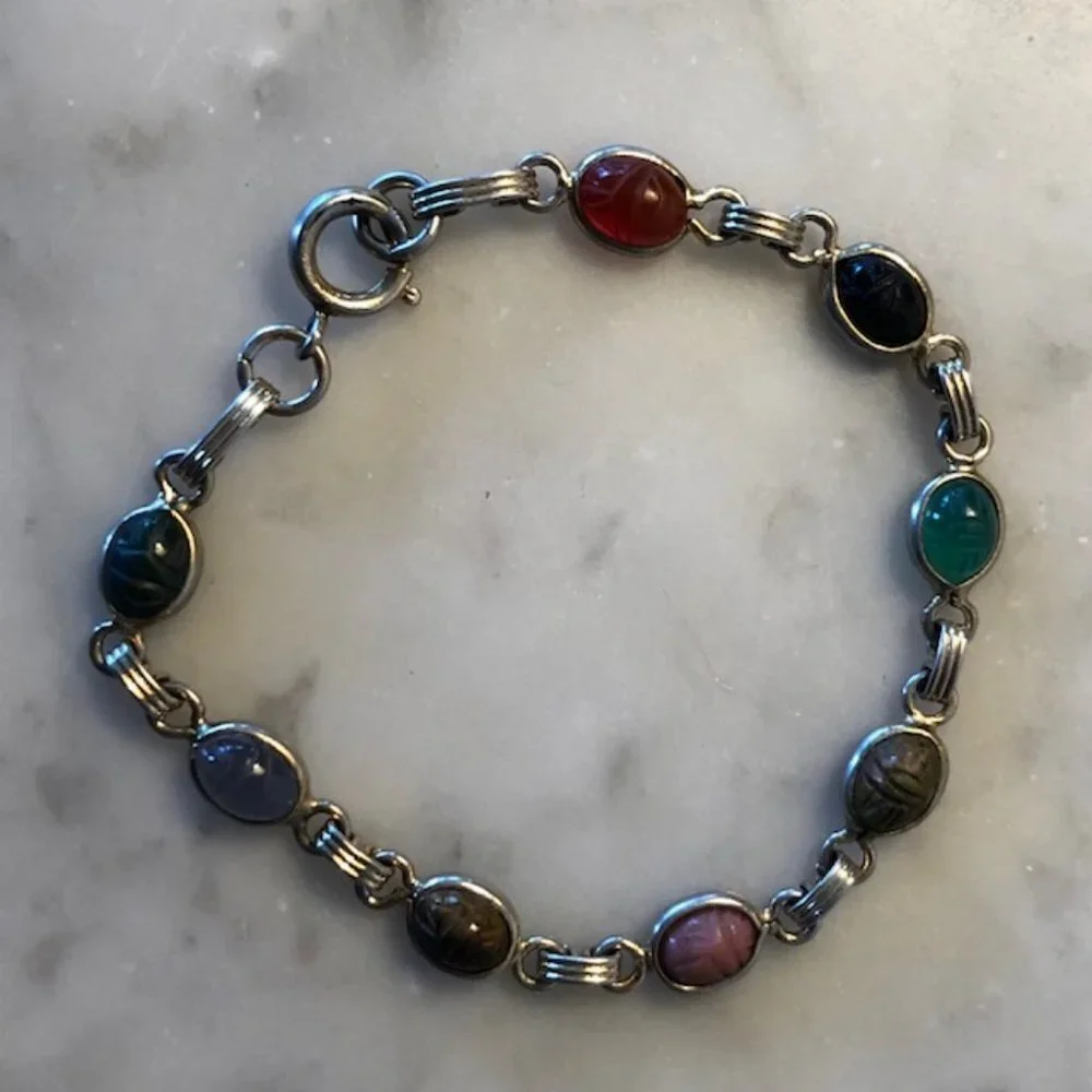 VINTAGE Scarab Bettle Multicolor Cabochon Gemstone Gold Filled Scarab Bracelet